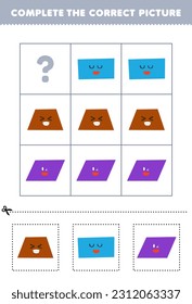 Education game for children to choose and complete the correct picture of a cute cartoon trapezoid rectangle or parallelogram printable shape worksheet