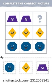 Education game for children to choose and complete the correct picture of a cute cartoon octagon rhombus or trapezoid printable shape worksheet