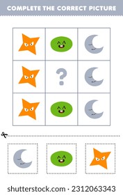 Education game for children to choose and complete the correct picture of a cute cartoon crescent oval or star printable shape worksheet