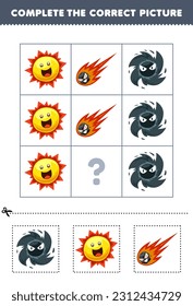 Education game for children to choose and complete the correct picture of a cute cartoon black hole sun or comet printable solar system worksheet