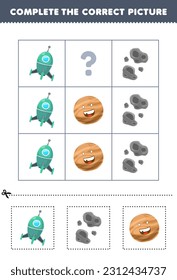 Education game for children to choose and complete the correct picture of a cute cartoon rocket asteroid or planet printable solar system worksheet
