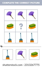 Education game for children to choose and complete the correct picture of a cute cartoon broom duster or brush printable tool worksheet