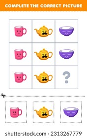 Education game for children to choose and complete the correct picture of a cute cartoon mug teapot or bowl printable tool worksheet