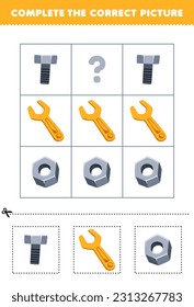 Education game for children to choose and complete the correct picture of a cute cartoon wrench nut or bolt printable tool worksheet