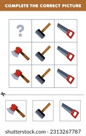 Education game for children to choose and complete the correct picture of a cute cartoon axe hammer or saw printable tool worksheet