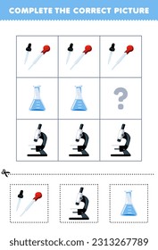 Education game for children to choose and complete the correct picture of a cute cartoon dropper flask or microscope printable tool worksheet