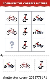 Education game for children to choose and complete the correct picture of a cute cartoon motorcycle bicycle or unicycle printable transportation worksheet