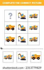 Education game for children to choose and complete the correct picture of a cute cartoon concrete mixer truck excavator or dump truck printable transportation worksheet