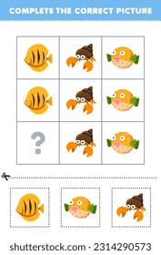 Education game for children to choose and complete the correct picture of a cute cartoon fish or hermit crab printable underwater worksheet
