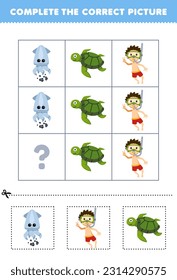 Education game for children to choose and complete the correct picture of a cute cartoon squid diver or turtle printable underwater worksheet