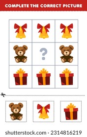 Education game for children to choose and complete the correct picture of a cute cartoon teddy bear bell or gift box printable winter worksheet