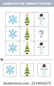 Education game for children to choose and complete the correct picture of a cute cartoon snowflake christmas tree or snowman printable winter worksheet
