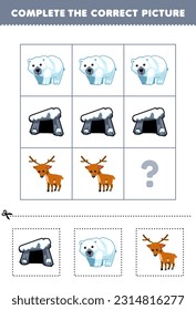 Education game for children to choose and complete the correct picture of a cute cartoon cave polar bear or deer printable winter worksheet