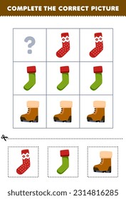 Education game for children to choose and complete the correct picture of a cute cartoon sock or boot printable winter worksheet