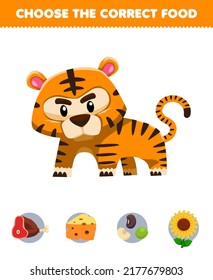 Education game for children choose the correct food for cute cartoon animal tiger beef cheese peanut or flower printable worksheet