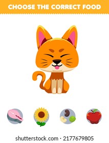 Education game for children choose the correct food for cute cartoon animal cat salmon flower peanut or apple printable worksheet