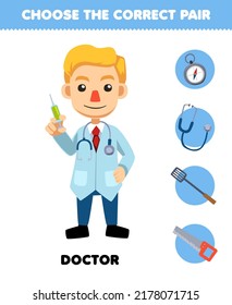 Juego de educación para los niños elegir el par correcto para el lindo dibujo de la profesión de doctor compás estetoscopio espátula ver hoja de trabajo imprimible