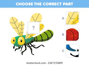 Education game for children choose the correct part to complete a cute cartoon dragonfly picture printable bug worksheet