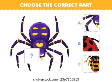 Education game for children choose the correct part to complete a cute cartoon spider picture printable bug worksheet