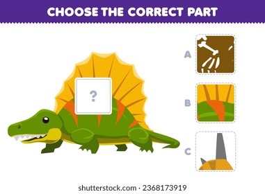 Juego de educación para niños elige la parte correcta para completar una tierna hoja de cálculo de dimetrodon imagen de dibujos animados imprimible de dinosaurio prehistórico