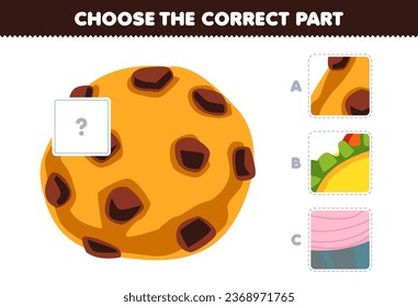 Education game for children choose the correct part to complete a cute cartoon cookie picture food worksheet