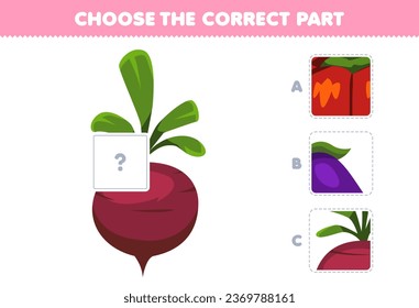 Education game for children choose the correct part to complete a cute cartoon turnip picture vegetable worksheet