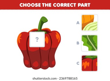 Education game for children choose the correct part to complete a cute cartoon paprika picture vegetable worksheet