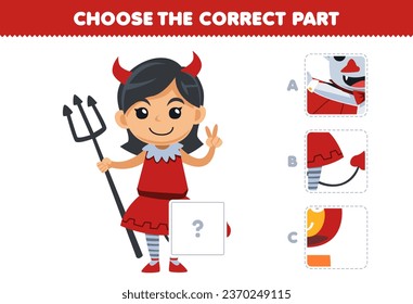 Education game for children choose the correct part to complete a cute cartoon devil girl picture halloween worksheet