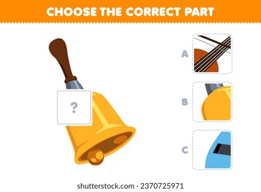 Education game for children choose the correct part to complete a cute cartoon bell picture music instrument worksheet