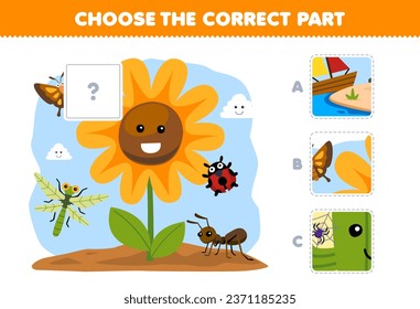 Juego de educación para los niños elige la parte correcta para completar una linda hoja de cálculo de la naturaleza de las flores de dibujos animados y de los insectos