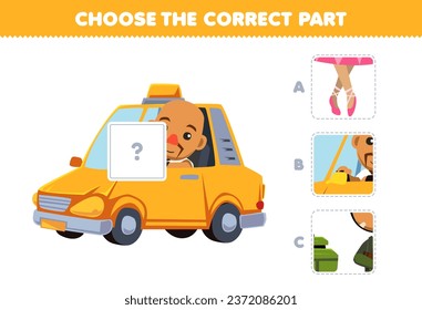 Education game for children choose the correct part to complete a cute cartoon driver picture profession worksheet