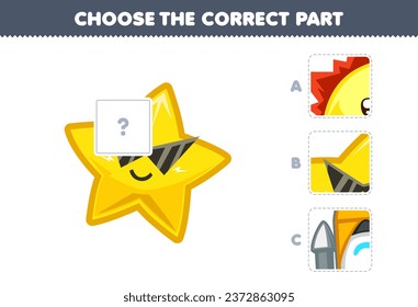 Education game for children choose the correct part to complete a cute cartoon star picture solar system worksheet