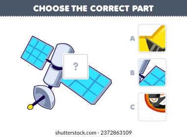 Education game for children choose the correct part to complete a cute cartoon satellite picture solar system worksheet