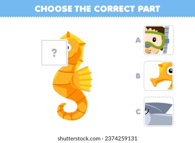 Education game for children choose the correct part to complete a cute cartoon seahorse picture underwater worksheet