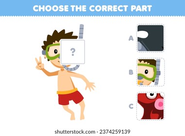 Education game for children choose the correct part to complete a cute cartoon diver picture underwater worksheet