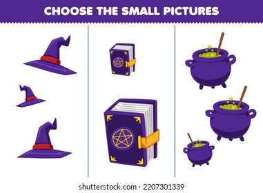 Juego de educación para niños escoge la pequeña imagen de la caricatura lindo sombrero morado libro mágico caldero imprimible hoja de cálculo de halloween