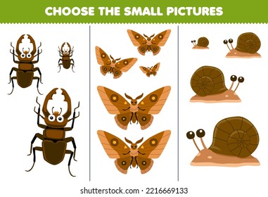 Education game for children choose the small picture of cute cartoon beetle moth snail printable bug worksheet