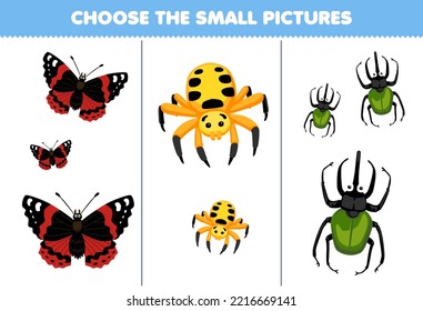 Education game for children choose the small picture of cute cartoon butterfly spider beetle printable bug worksheet