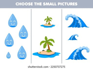 Education game for children choose the small picture of cute cartoon water island wave printable nature worksheet