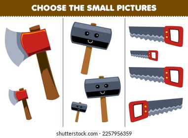 Juego de educación para los niños escoge la pequeña imagen de la tira de dibujos animados tierno hacha martillo hoja de cálculo herramienta imprimible
