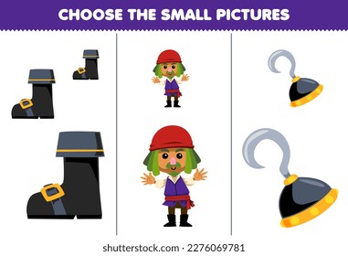 Education game for children choose the small picture of cute cartoon boot man and hook printable pirate worksheet