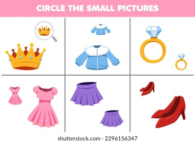 Education game for children choose the small picture of cute cartoon crown blouse ring dress skirt heels printable wearable worksheet