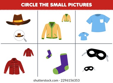 Education game for children choose the small picture of cute cartoon hat cardigan shirt flannel sock mask printable wearable worksheet