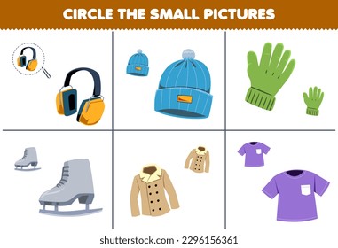 Education game for children choose the small picture of cute cartoon earphone beanie glove ice skater coat shirt printable wearable worksheet