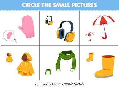 Education game for children choose the small picture of cute cartoon mitten earphone umbrella raincoat scarf boot printable wearable worksheet