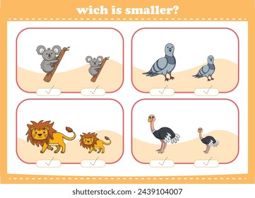 Education game for children choose the smaller picture of cute cartoon wild animals printable worksheet