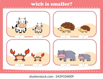 Education game for children choose the smaller picture of cute cartoon wild animals printable worksheet