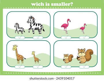 Education game for children choose the smaller picture of cute cartoon wild animals printable worksheet