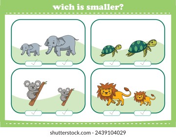 Education game for children choose the smaller picture of cute cartoon wild animals printable worksheet