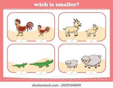 Education game for children choose the smaller picture of cute cartoon wild animals printable worksheet